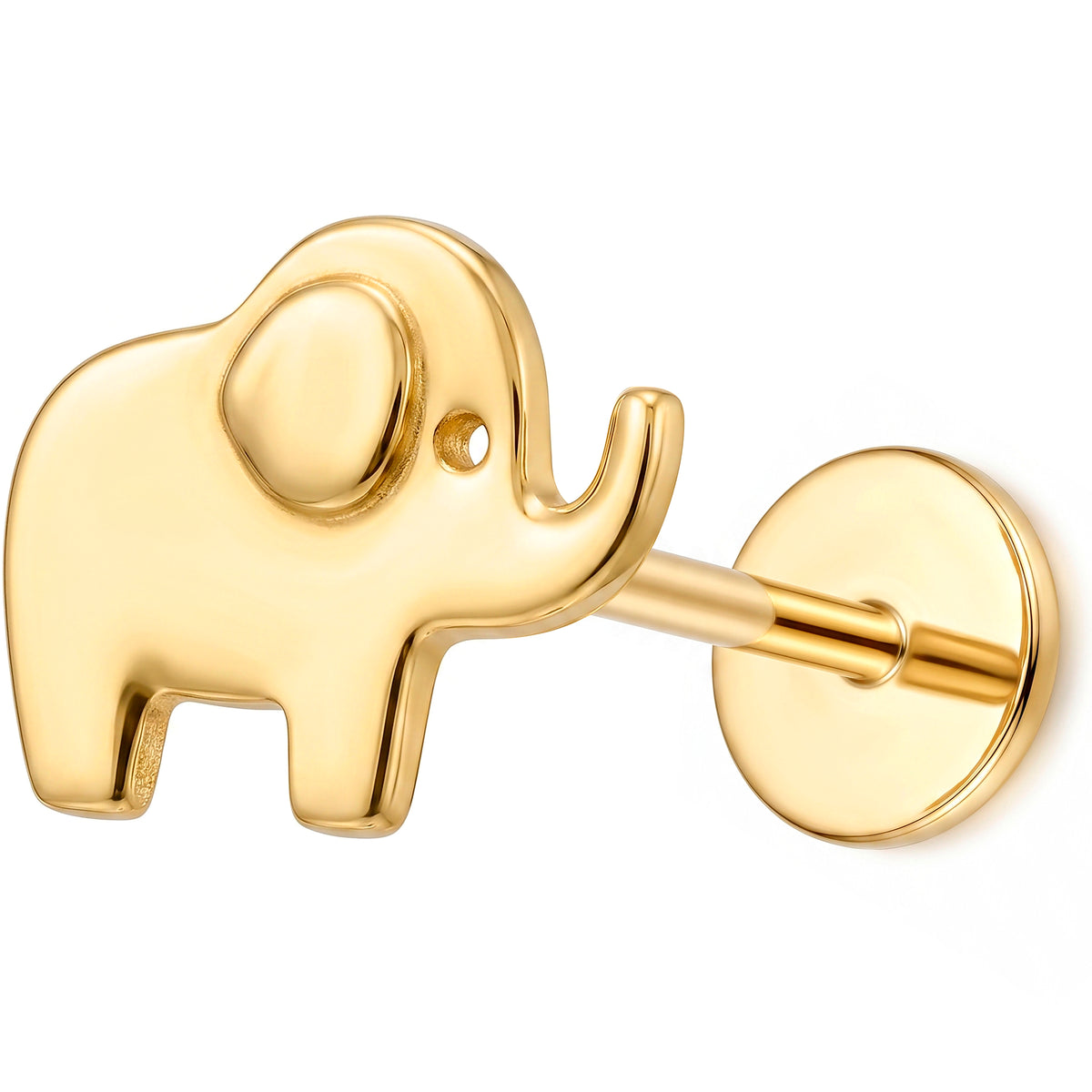 Solid 14k Yellow Gold Little Lucky Elephant 18G Flat Back Earring