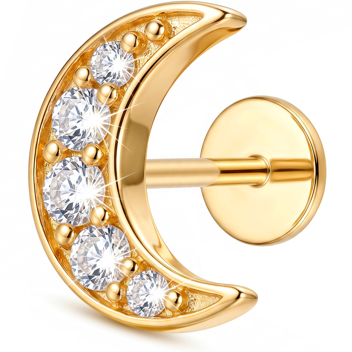 Solid 14k Yellow Gold Moonlight Crescent CZ 18G Flat Back Earring