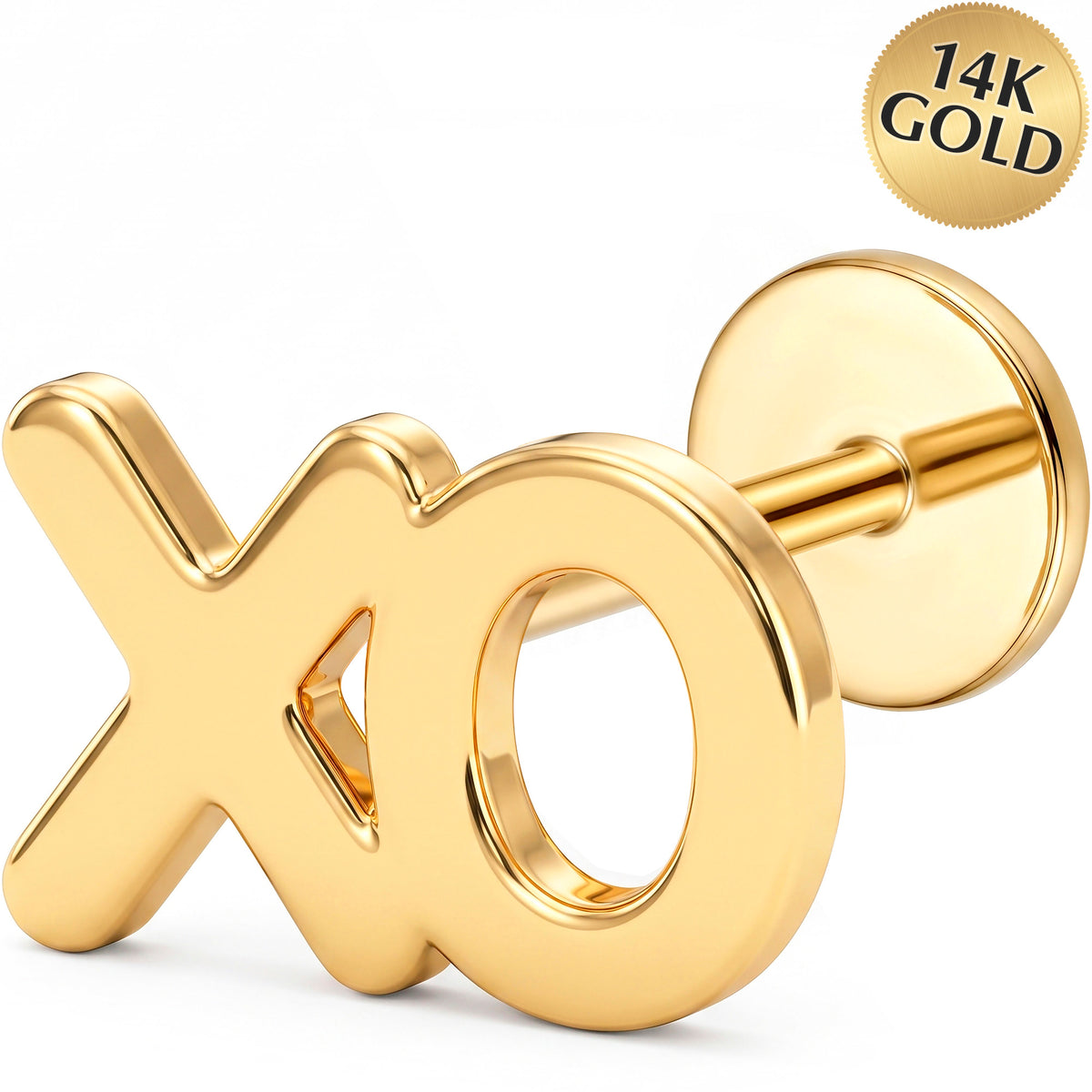 Solid 14k Yellow Gold Love XO 18G Flat Back Earring