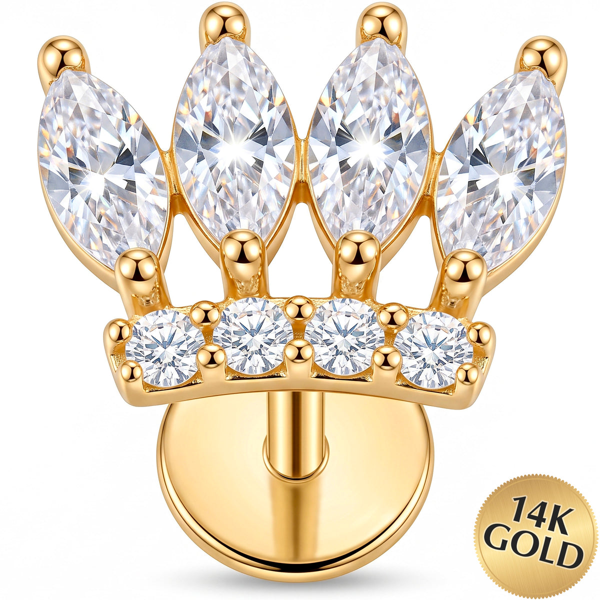 Solid 14k Yellow Gold Royal Crystal Crown CZ 18G Flat Back Earring