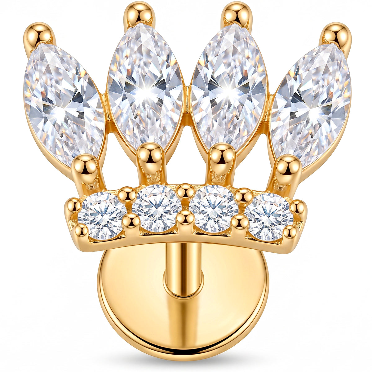 Solid 14k Yellow Gold Royal Crystal Crown CZ 18G Flat Back Earring