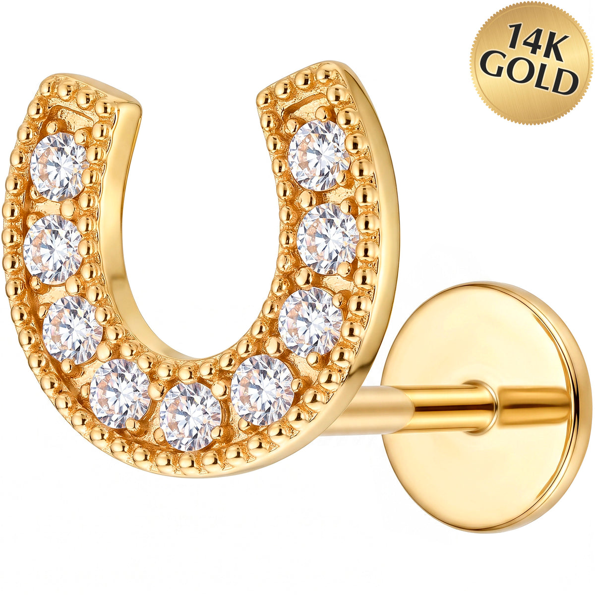 Solid 14k Yellow Gold Lucky Pave Horseshoe CZ 18G Flat Back Earring