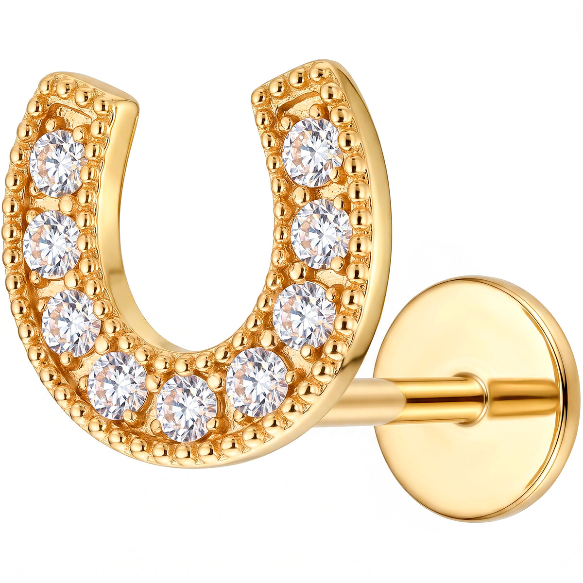 Solid 14k Yellow Gold Lucky Pave Horseshoe CZ 18G Flat Back Earring