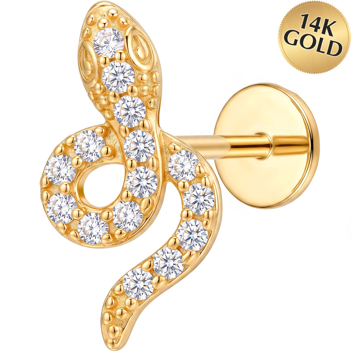 Solid 14k Yellow Gold Sparkling Ribbon Loop CZ 18G Flat Back Earring