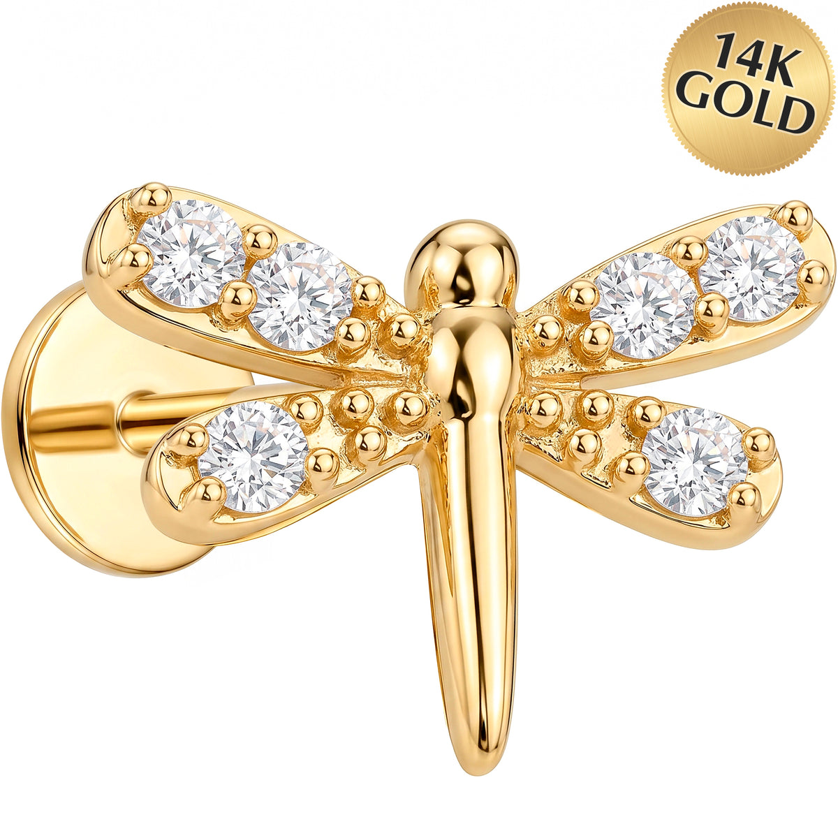 Solid 14k Yellow Gold Dragonfly Wings CZ 18G Flat Back Earring