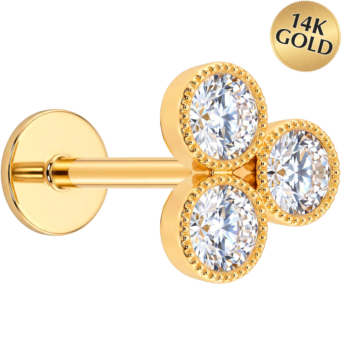 Solid 14k Yellow Gold Three Petal Clover CZ 18G Flat Back Earring