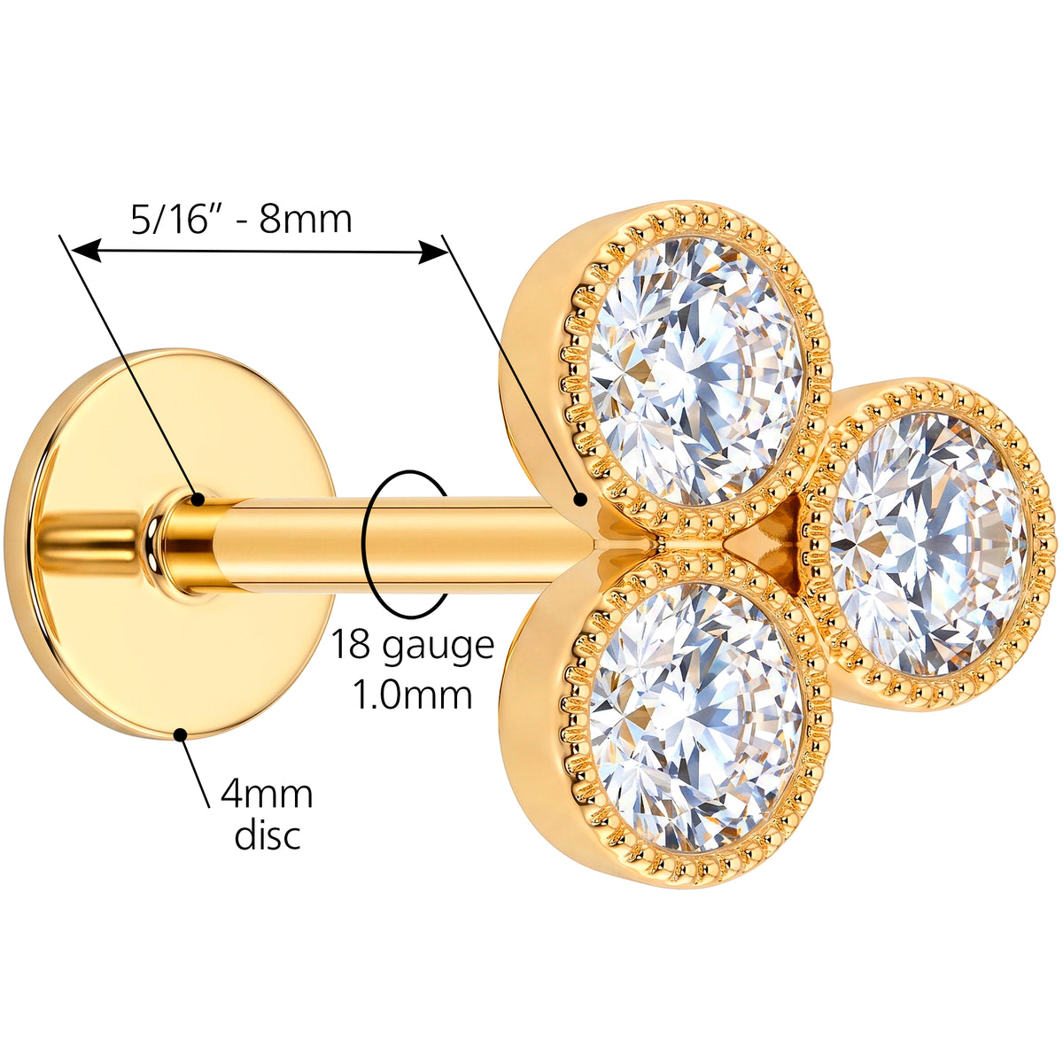 Solid 14k Yellow Gold Three Petal Clover CZ 18G Flat Back Earring