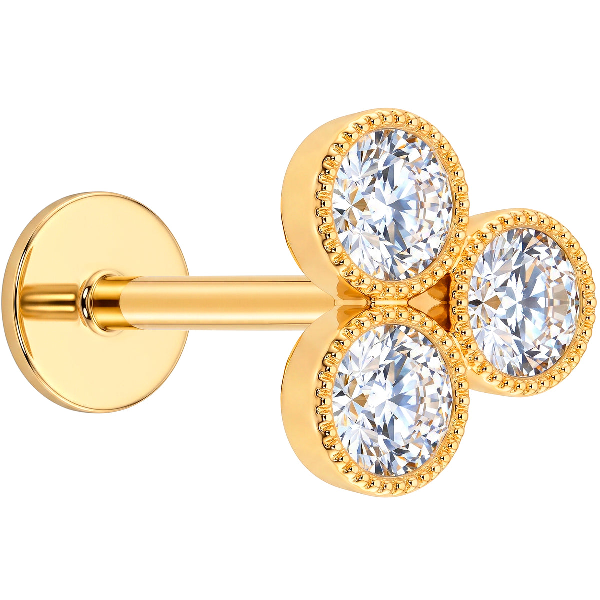 Solid 14k Yellow Gold Three Petal Clover CZ 18G Flat Back Earring