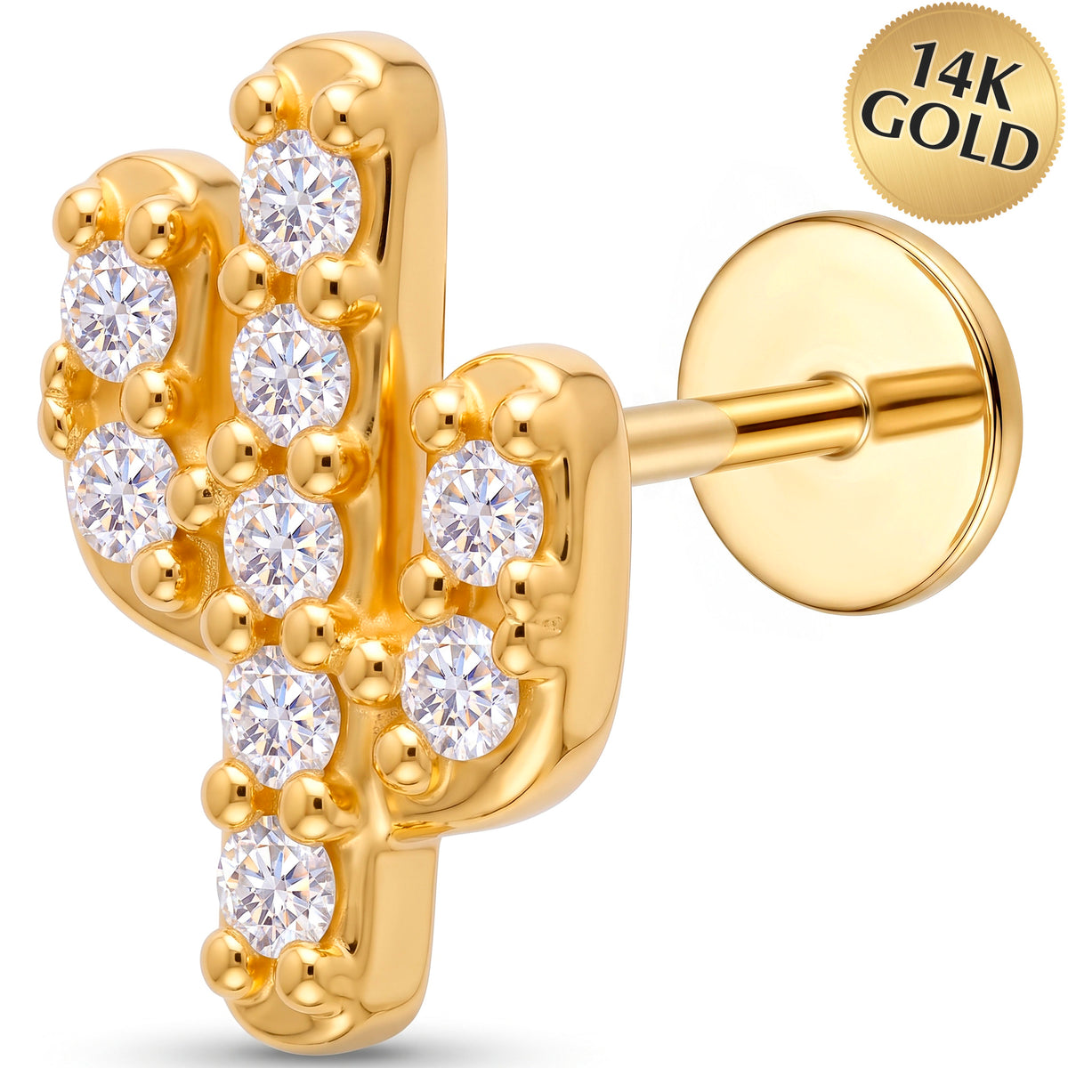 Solid 14k Yellow Gold Pave Cactus CZ 18G Flat Back Earring