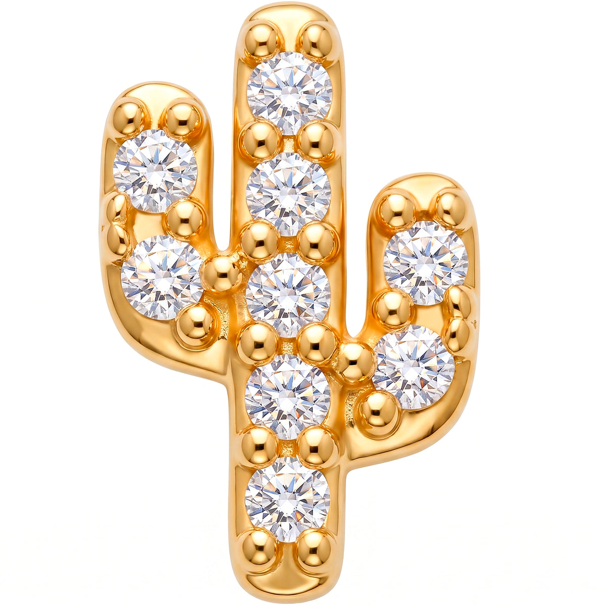 Solid 14k Yellow Gold Pave Cactus CZ 18G Flat Back Earring