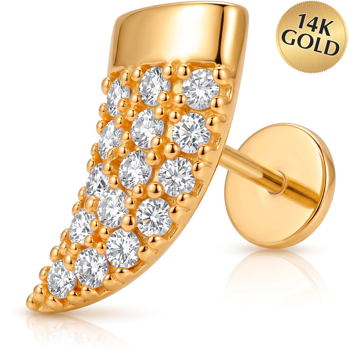 Solid 14k Yellow Gold Curved Crystal Feather CZ 18G Flat Back Earring