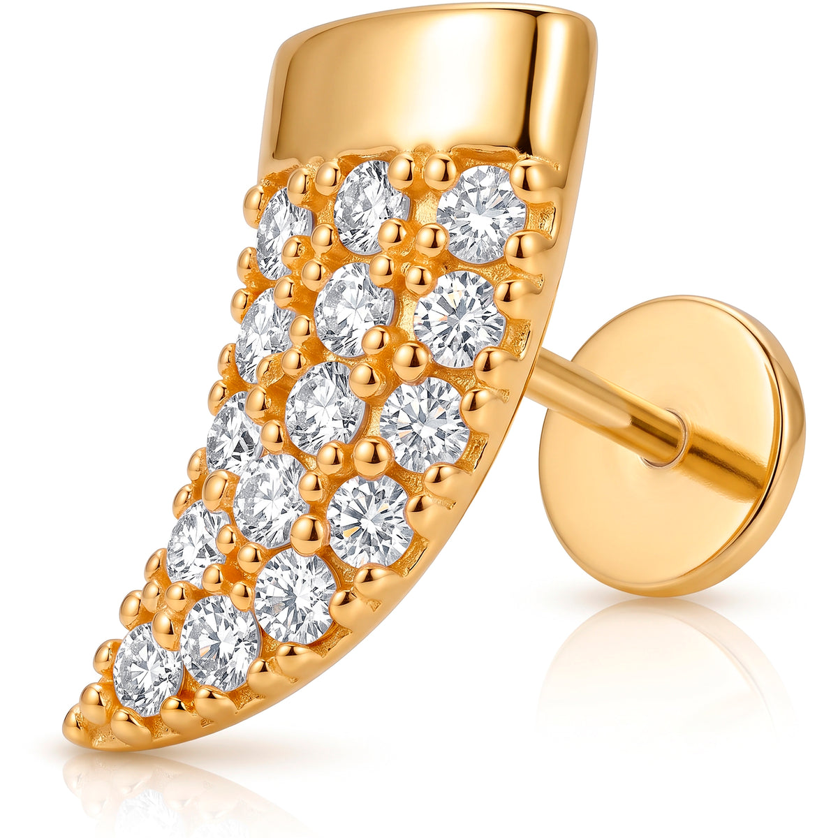 Solid 14k Yellow Gold Curved Crystal Feather CZ 18G Flat Back Earring