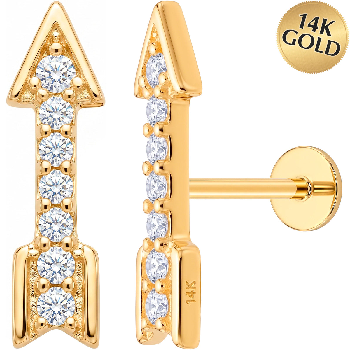 Solid 14k Yellow Gold Double Arrow CZ 18G Flat Back Earring