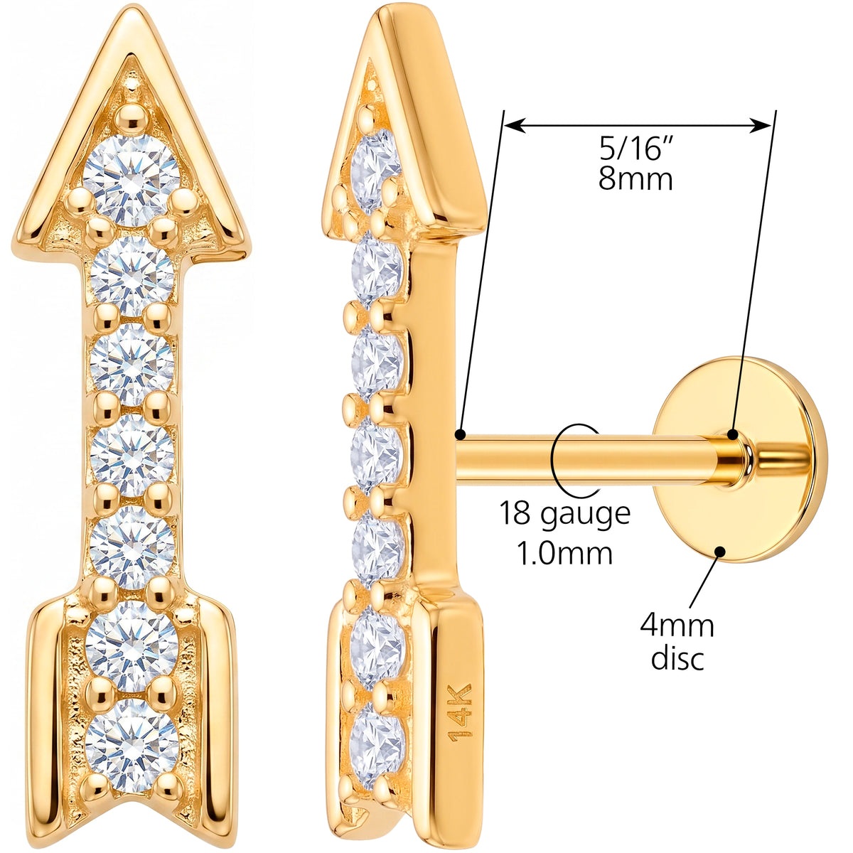 Solid 14k Yellow Gold Double Arrow CZ 18G Flat Back Earring