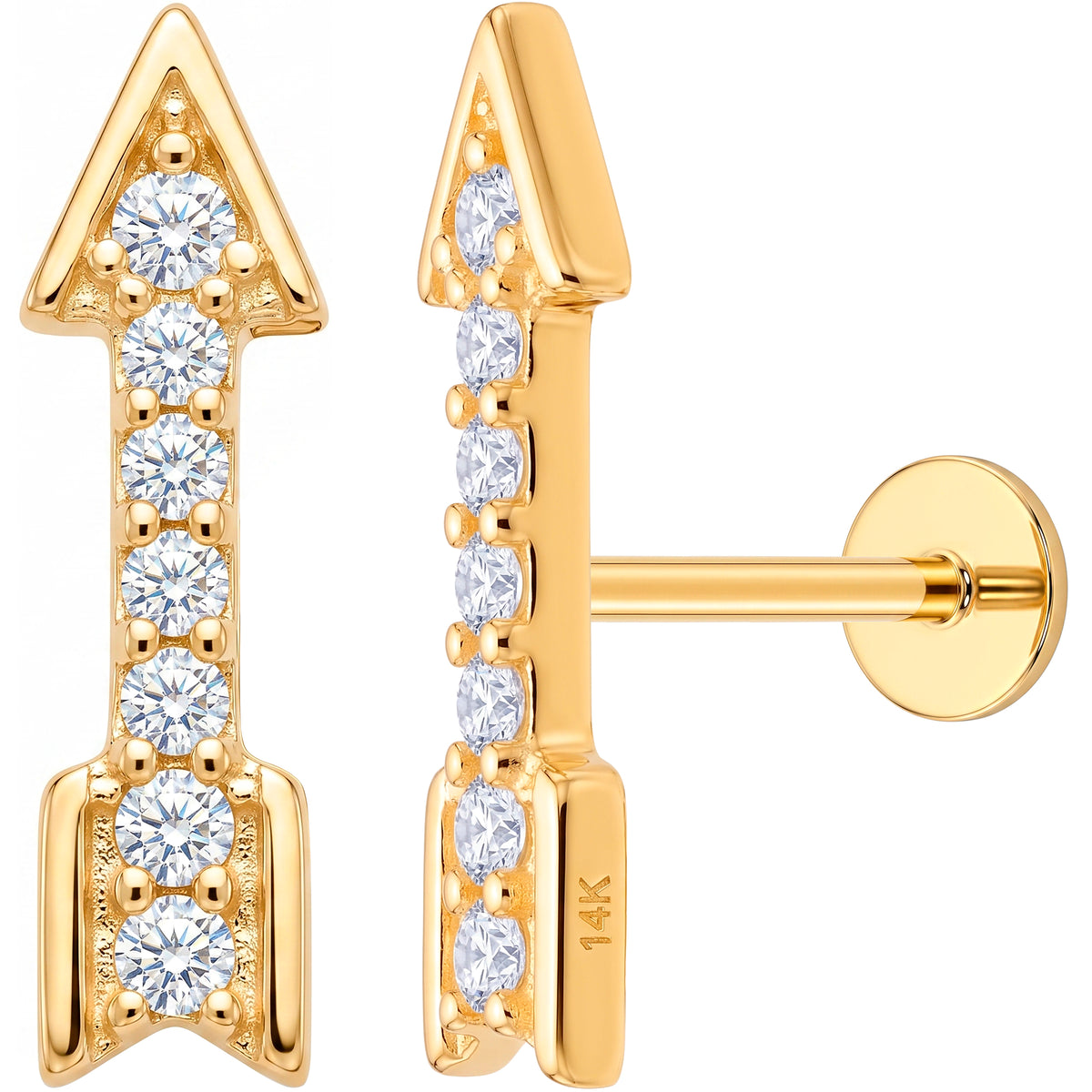 Solid 14k Yellow Gold Double Arrow CZ 18G Flat Back Earring
