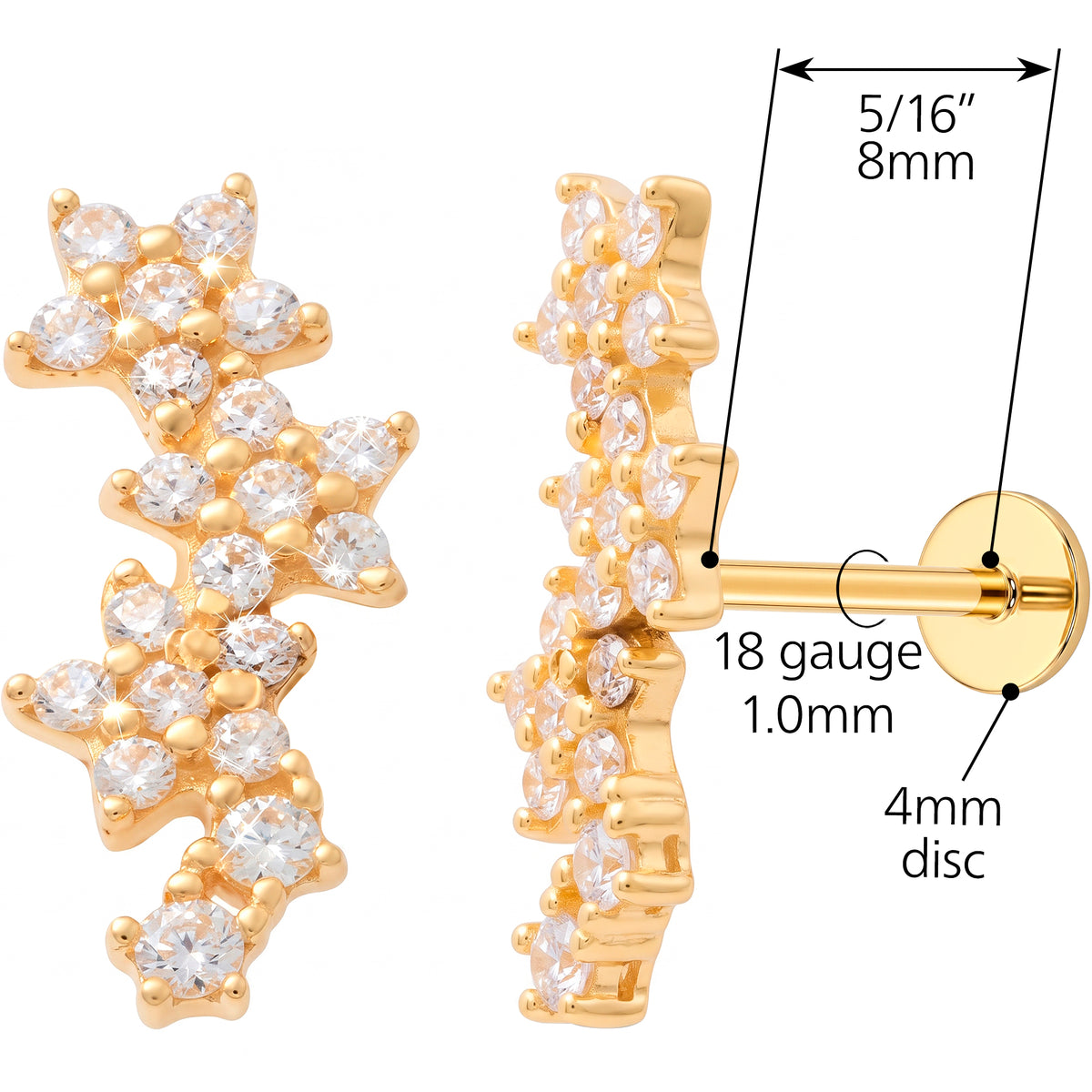 Solid 14k Yellow Gold Crystal Floral Vine CZ 18G Flat Back Earring