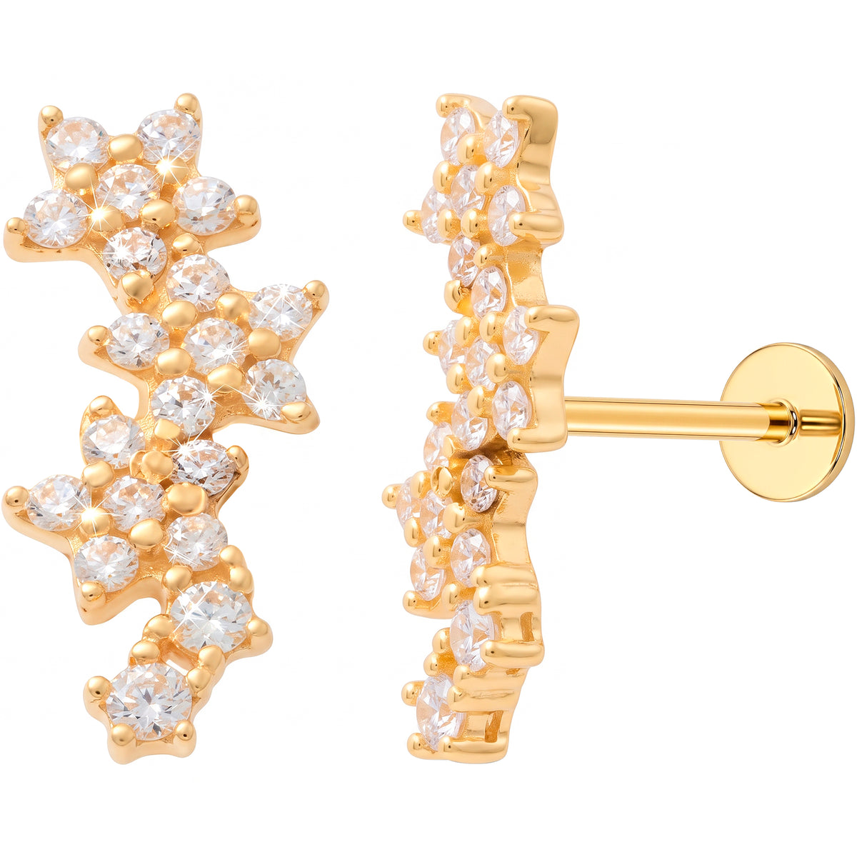 Solid 14k Yellow Gold Crystal Floral Vine CZ 18G Flat Back Earring