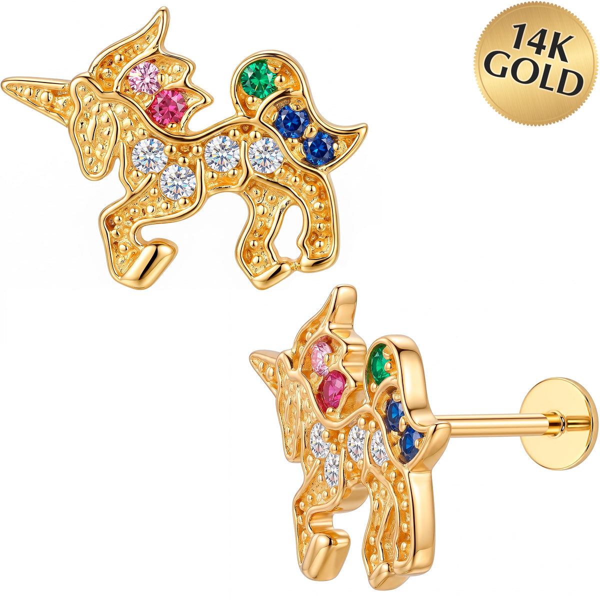 Solid 14k Yellow Gold Rainbow Unicorn CZ 18G Flat Back Earring