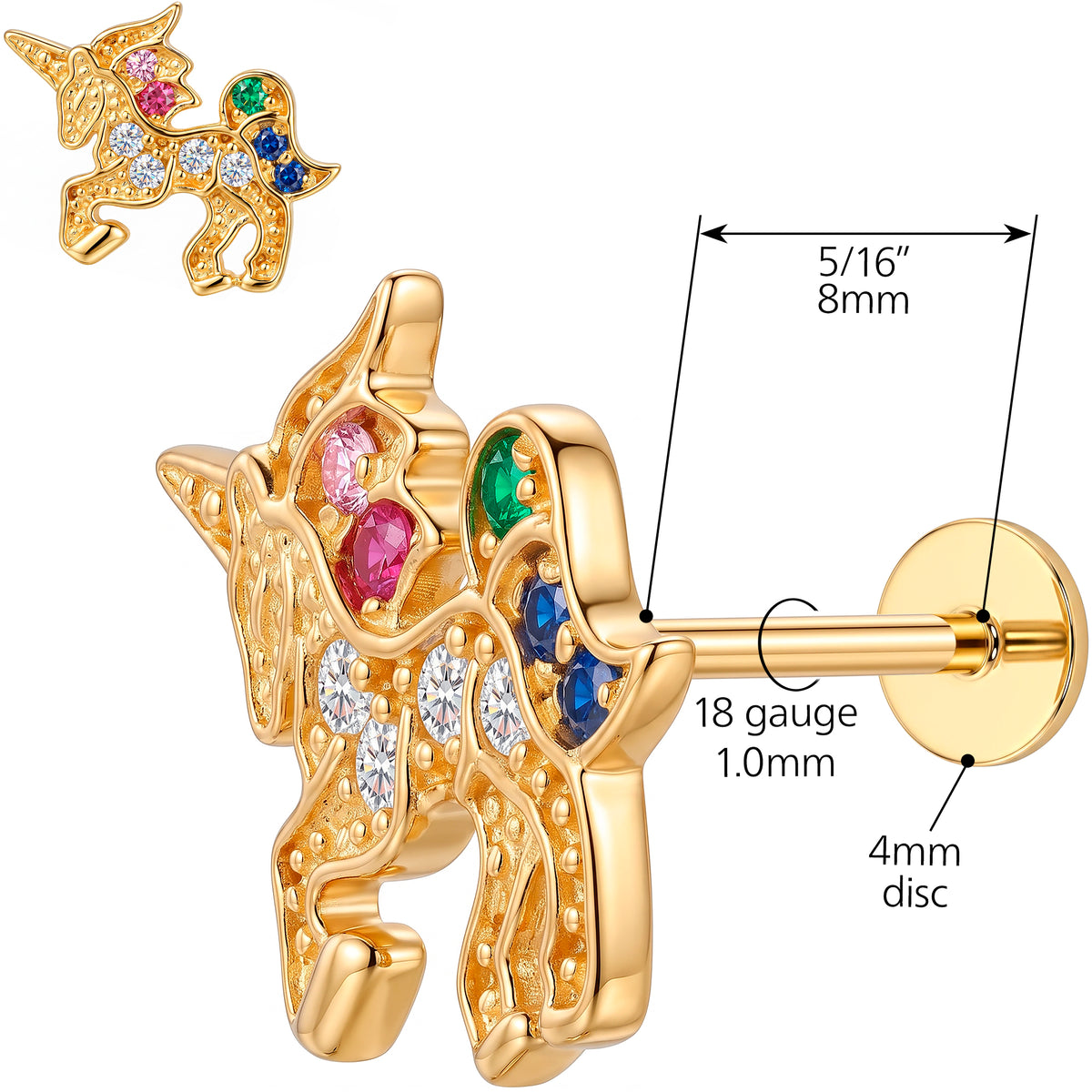 Solid 14k Yellow Gold Rainbow Unicorn CZ 18G Flat Back Earring