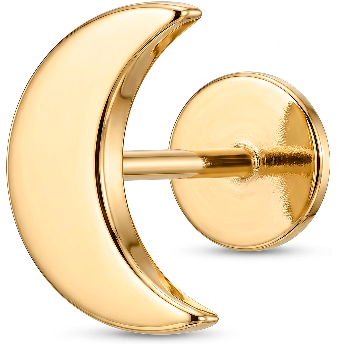 Solid 14k Yellow Gold Minimal Crescent Moon 18G Flat Back Earring