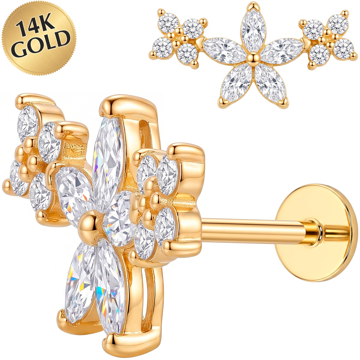 Solid 14k Yellow Gold Crystal Castle CZ 18G Flat Back Earring