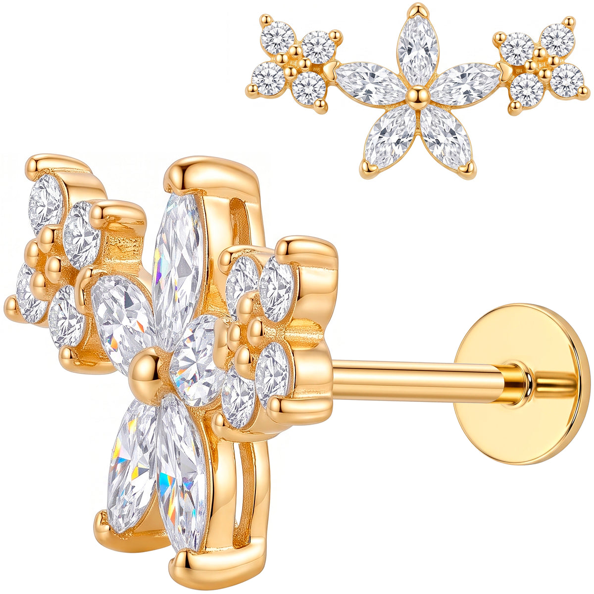 Solid 14k Yellow Gold Crystal Castle CZ 18G Flat Back Earring