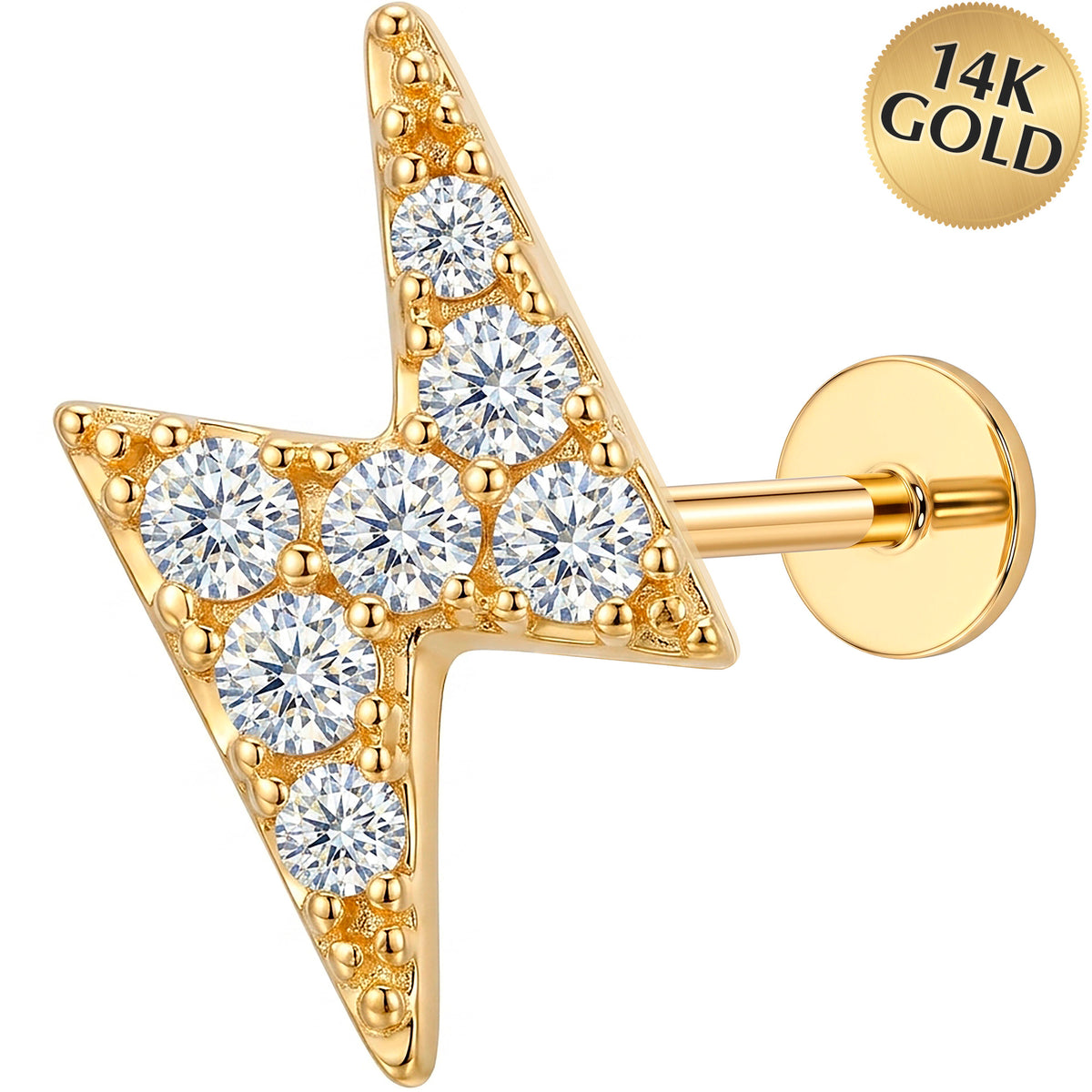 Solid 14k Yellow Gold Lightning Bolt CZ 18G Flat Back Earring