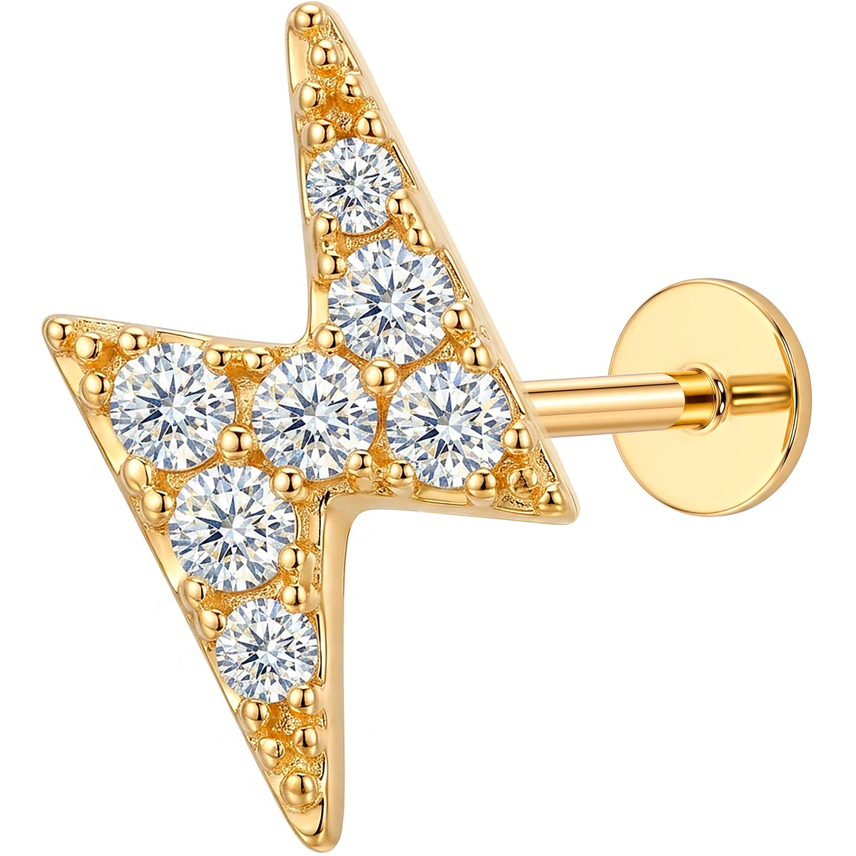 Solid 14k Yellow Gold Lightning Bolt CZ 18G Flat Back Earring