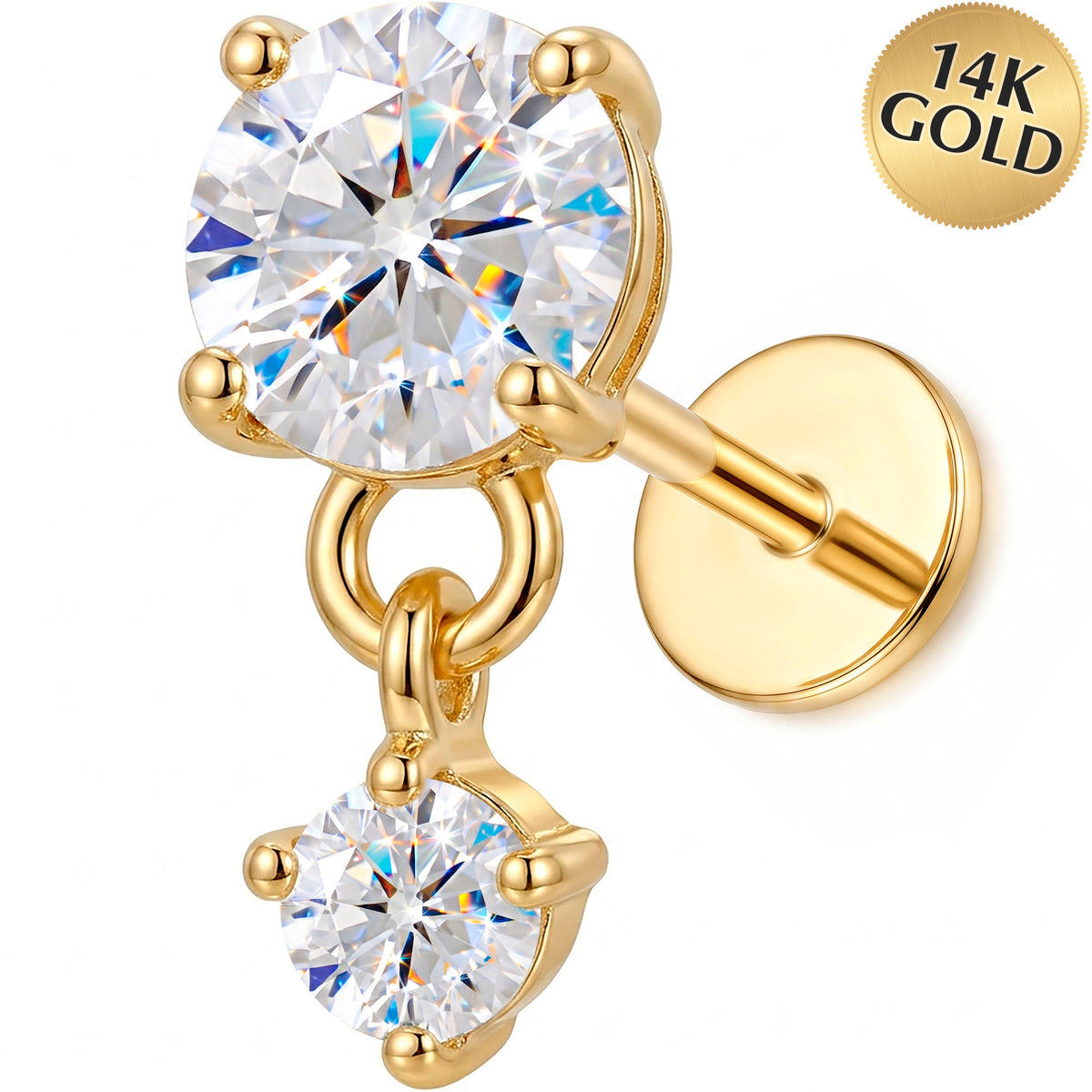 Solid 14k Yellow Gold Heart Drop Sparkle CZ 18G Flat Back Earring