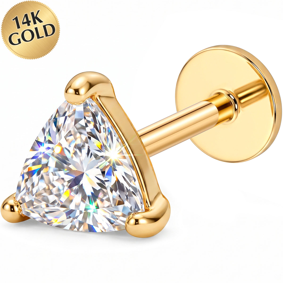 Solid 14k Yellow Gold Triangle Solitaire CZ 18G Flat Back Earring