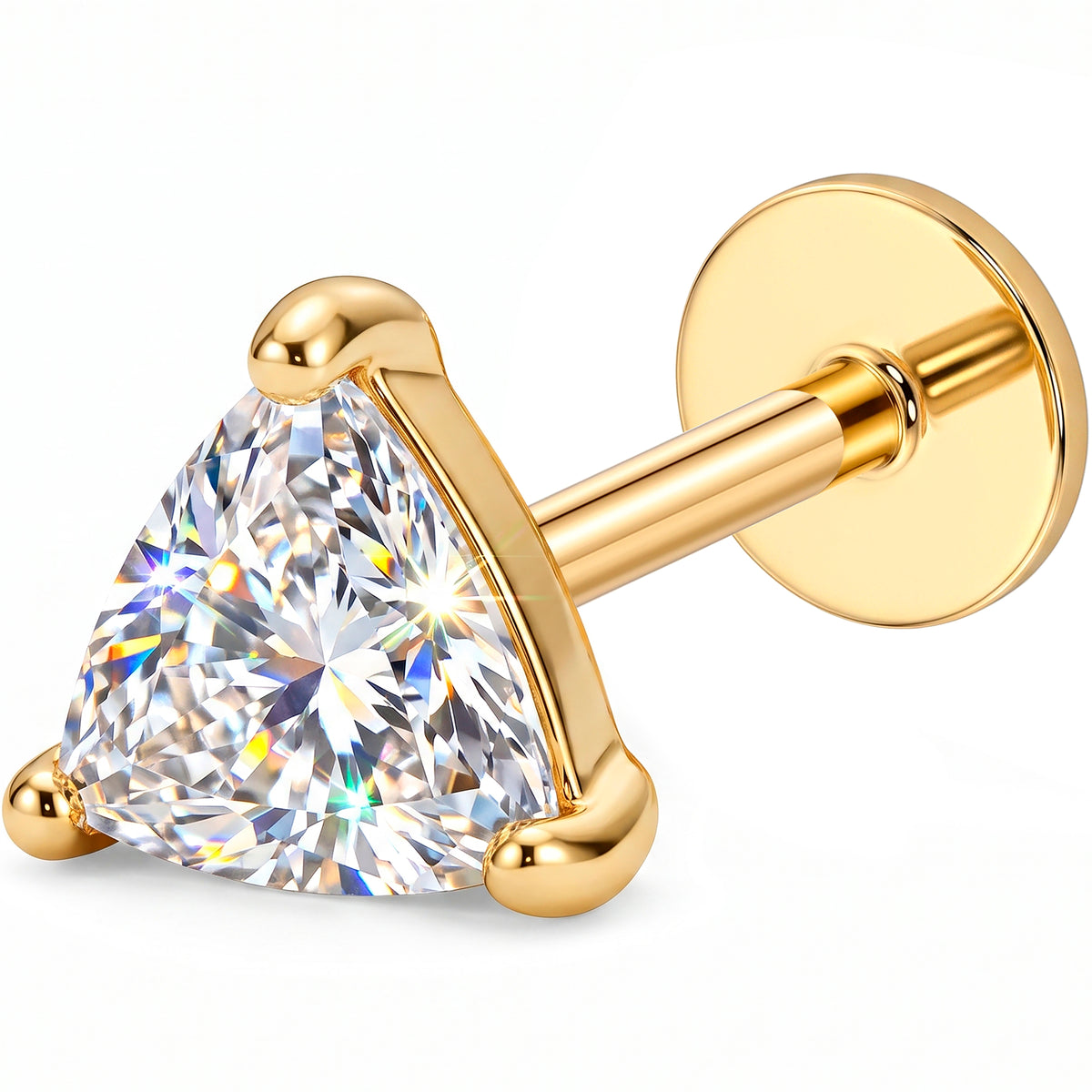 Solid 14k Yellow Gold Triangle Solitaire CZ 18G Flat Back Earring