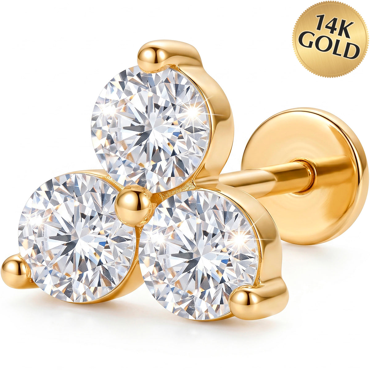 Solid 14k Yellow Gold Four Petal Sparkle CZ 18G Flat Back Earring