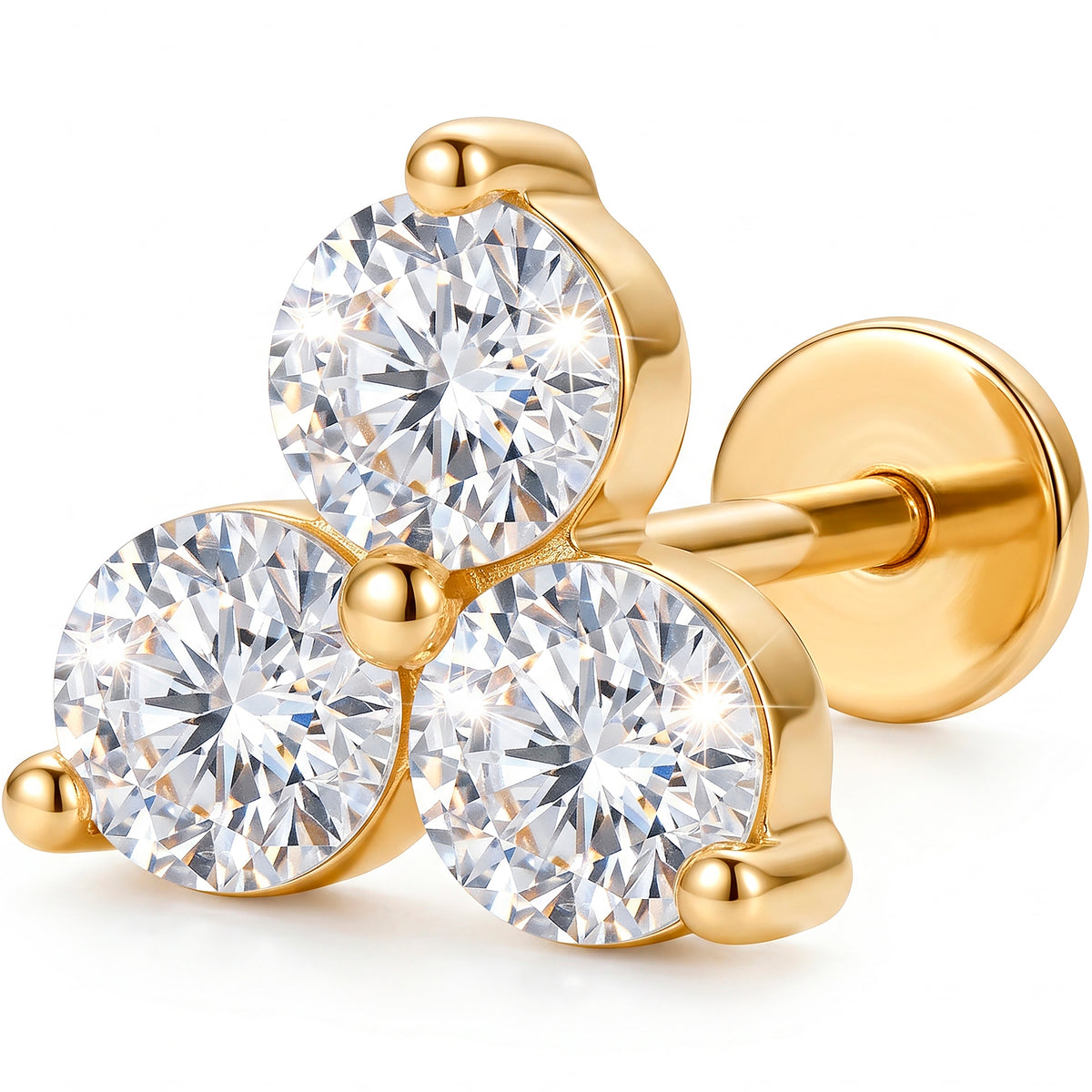 Solid 14k Yellow Gold Four Petal Sparkle CZ 18G Flat Back Earring
