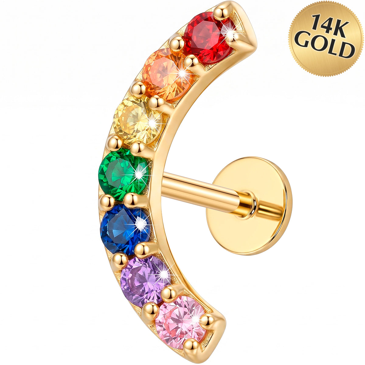 Solid 14k Yellow Gold Rainbow Crystal Curve CZ 18G Flat Back Earring