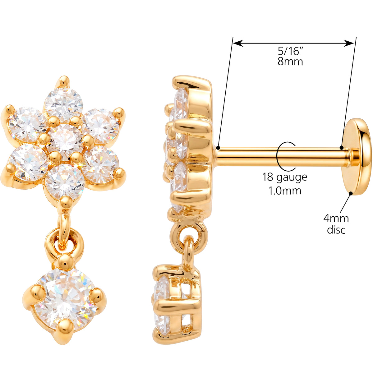 Solid 14k Yellow Gold Flower Charm Drop CZ 18G Flat Back Earring
