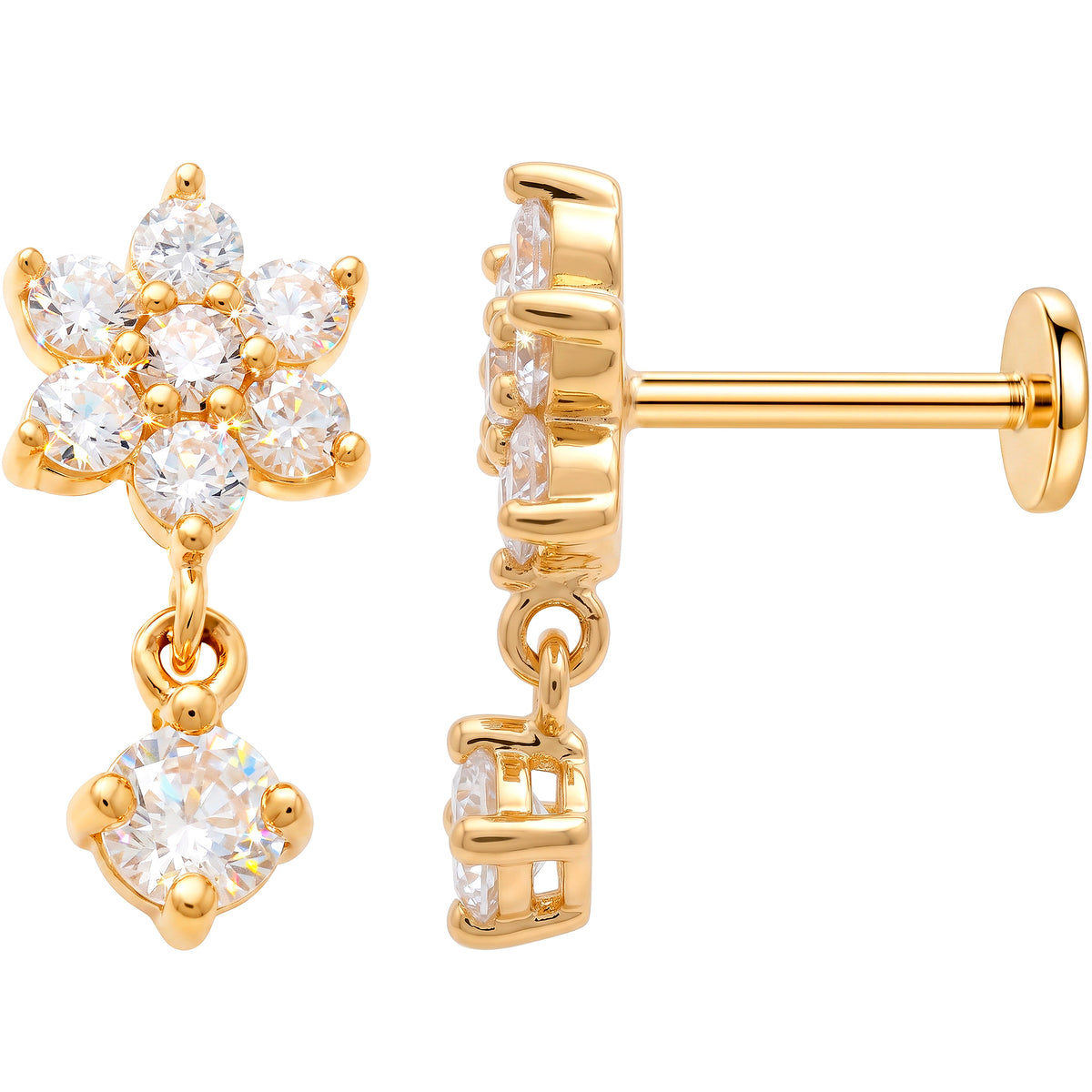 Solid 14k Yellow Gold Flower Charm Drop CZ 18G Flat Back Earring