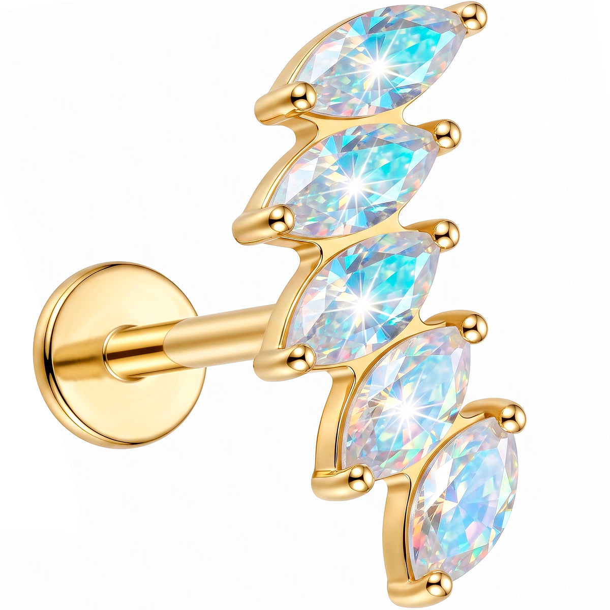Solid 14k Yellow Gold Blue Opal Wave Synthetic Opal 18G Flat Back Earring