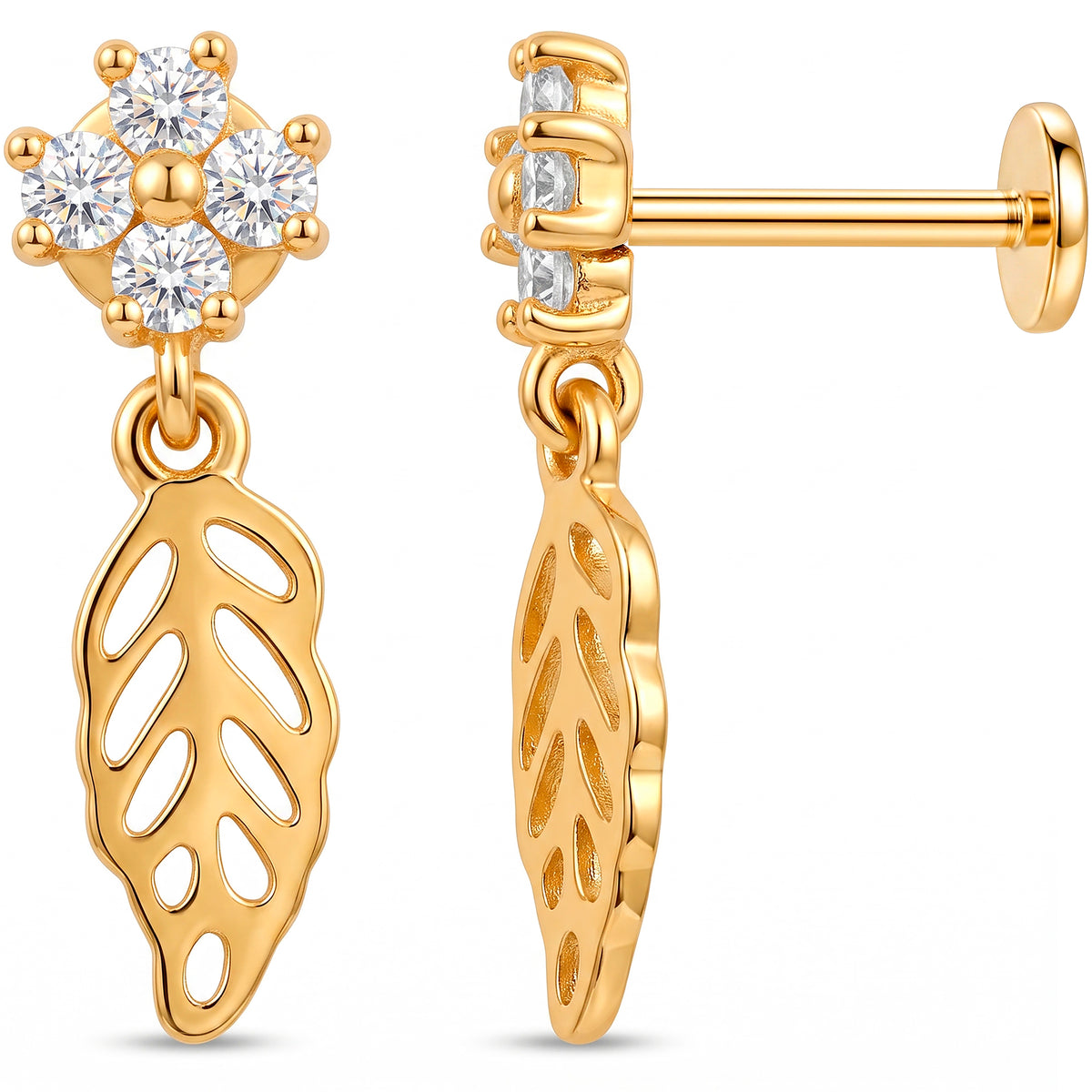 Solid 14k Yellow Gold Flower Leaf Dangle CZ 18G Flat Back Earring