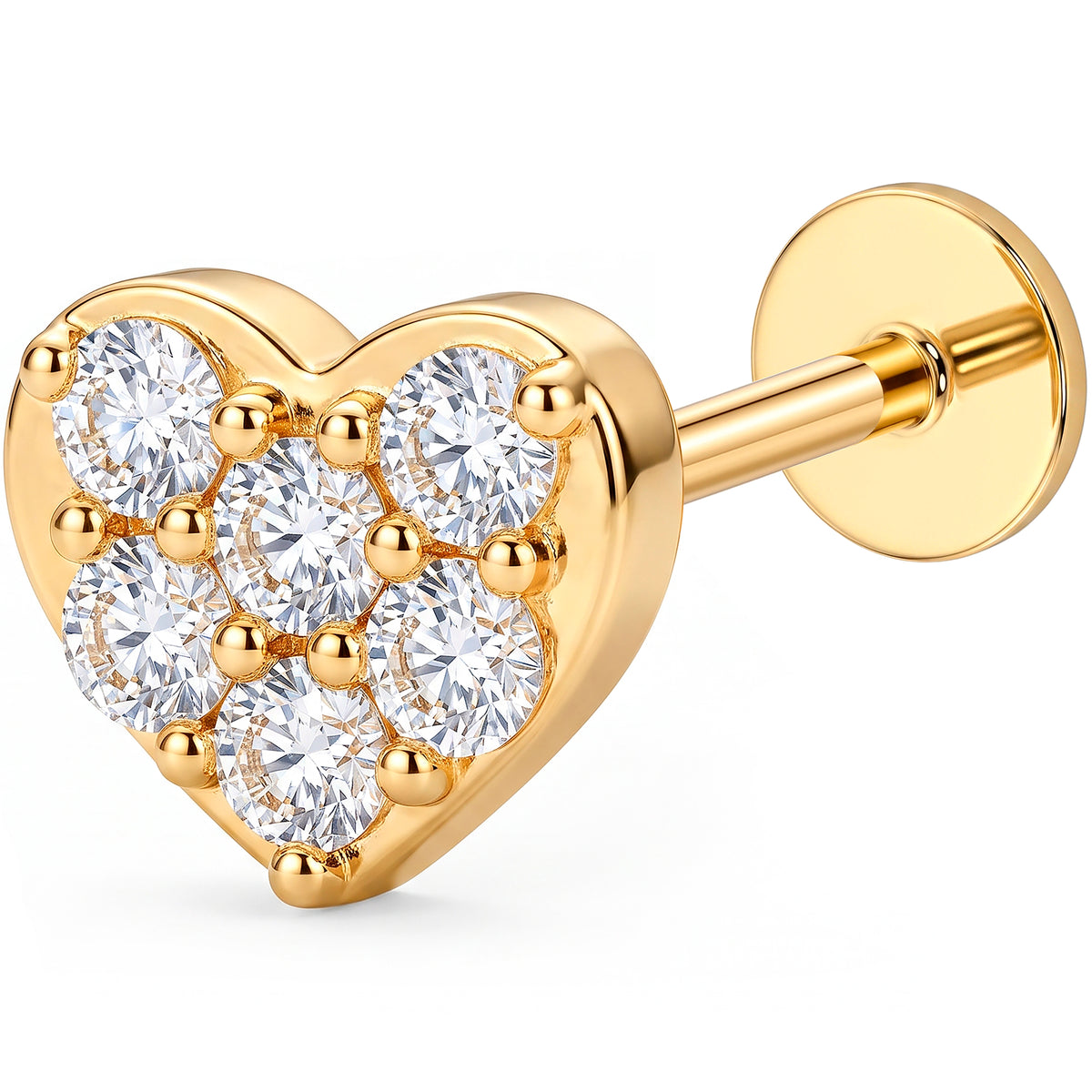 Solid 14k Yellow Gold Heart Halo CZ 18G Flat Back Earring