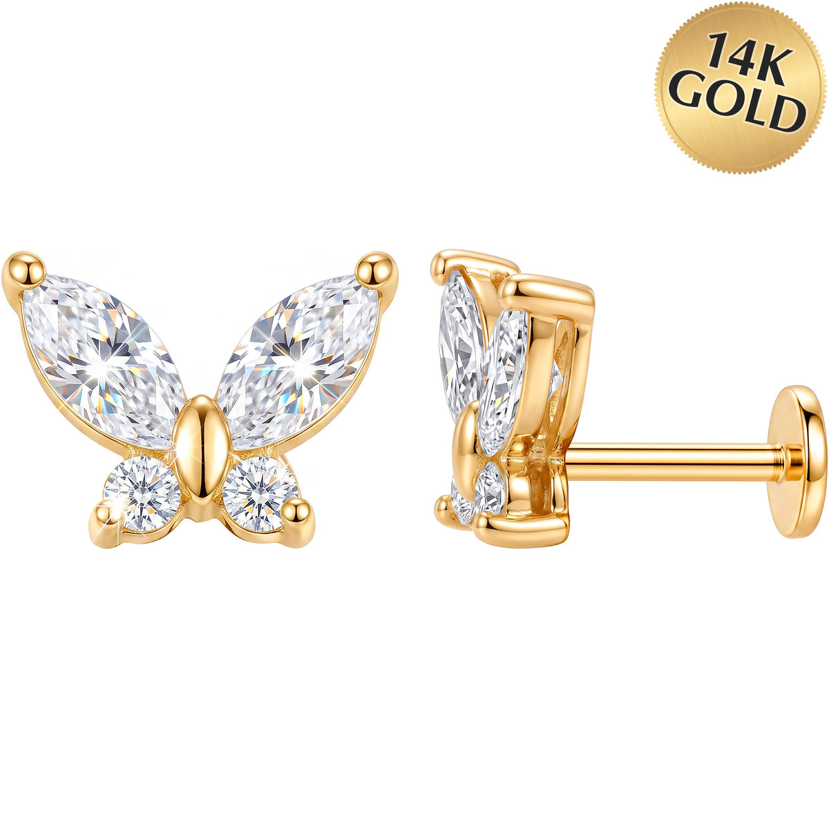 Solid 14k Yellow Gold Butterfly Flight CZ 18G Flat Back Earring