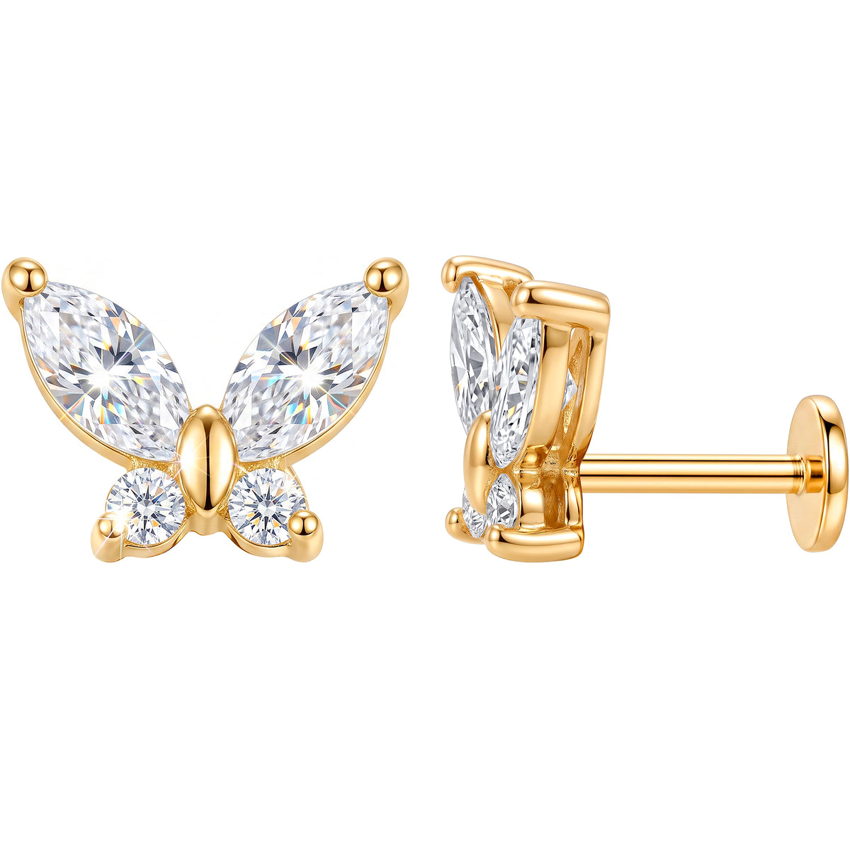 Solid 14k Yellow Gold Butterfly Flight CZ 18G Flat Back Earring