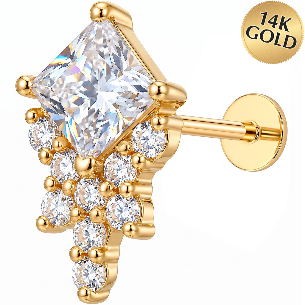 Solid 14k Yellow Gold Crystal Waterfall CZ 18G Flat Back Earring