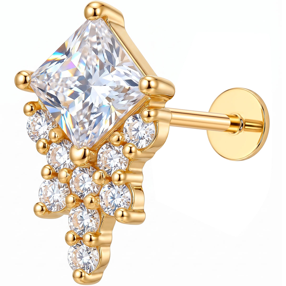Solid 14k Yellow Gold Crystal Waterfall CZ 18G Flat Back Earring