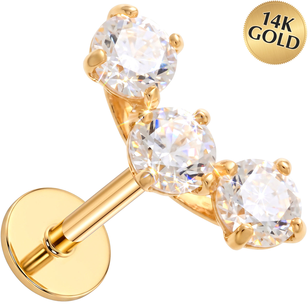 Solid 14k Yellow Gold Graduated Trio CZ 18G Flat Back Earring