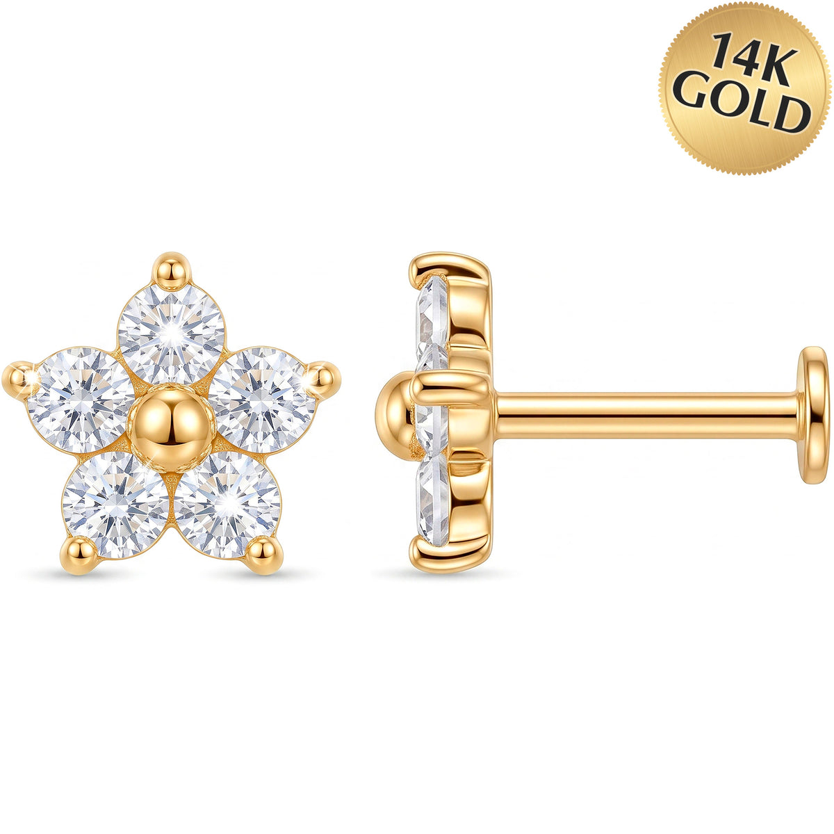 Solid 14k Yellow Gold Petite Flower CZ 18G Flat Back Earring