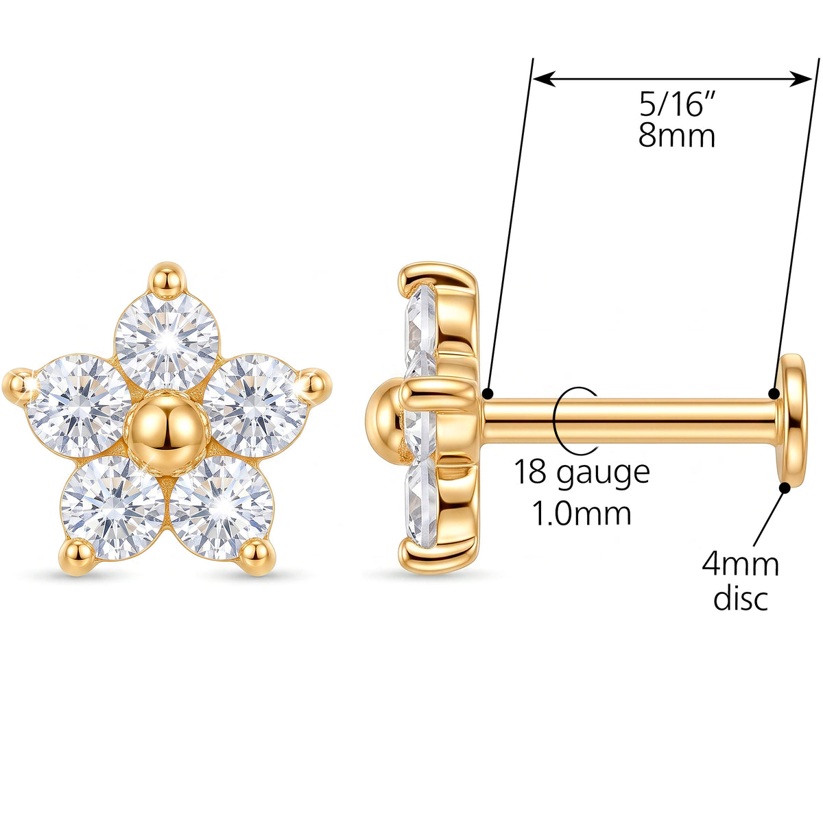 Solid 14k Yellow Gold Petite Flower CZ 18G Flat Back Earring