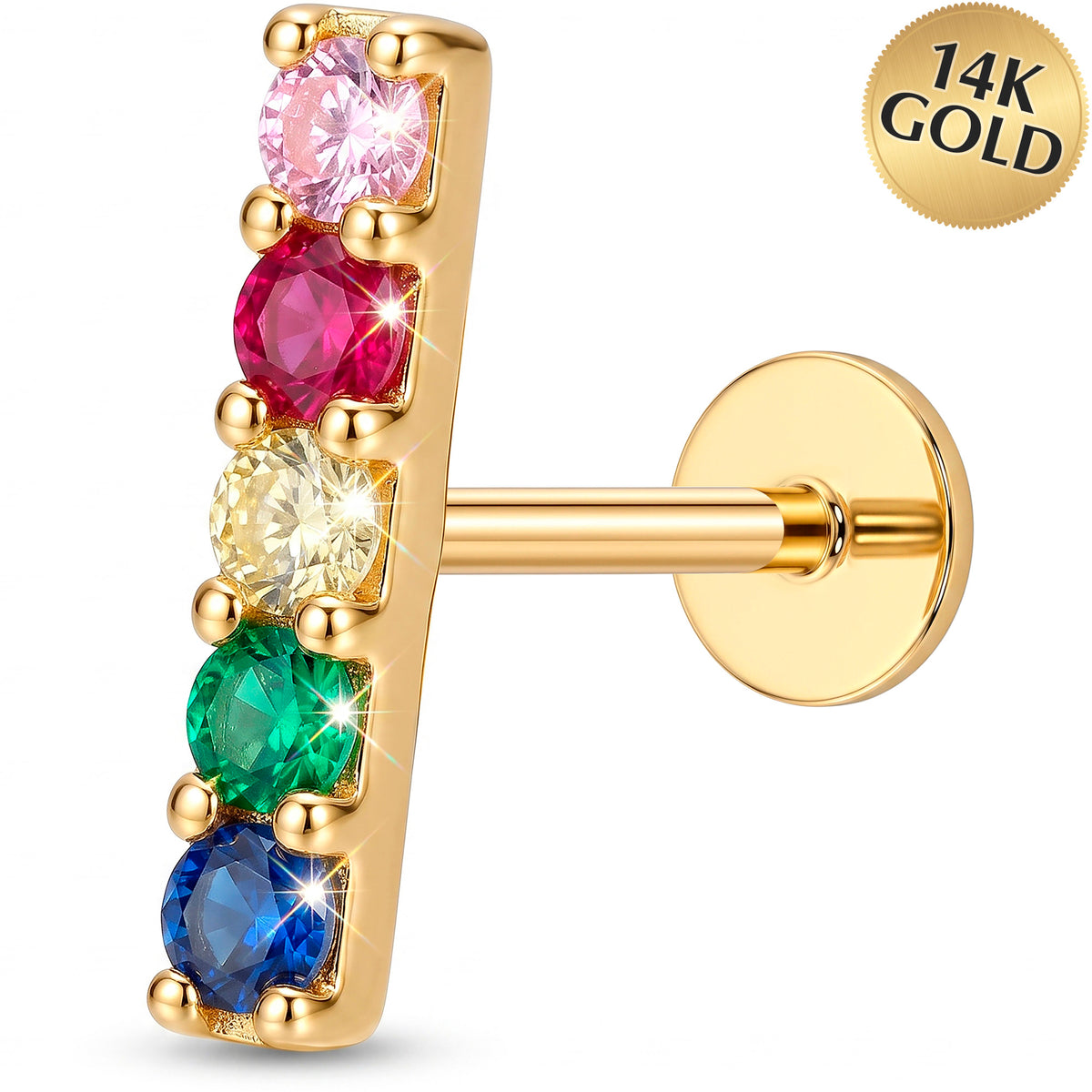 Solid 14k Yellow Gold Rainbow Bar CZ 18G Flat Back Earring