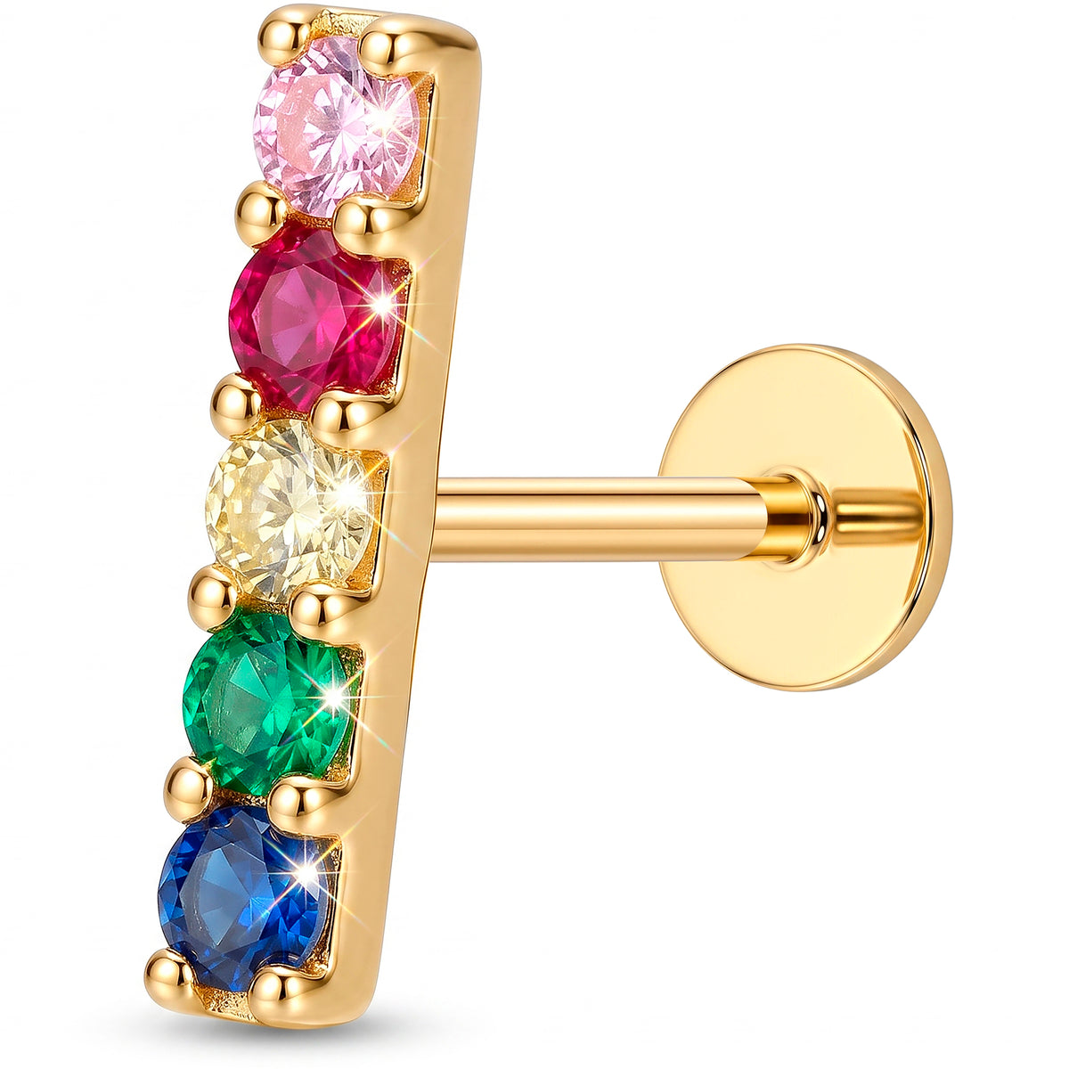Solid 14k Yellow Gold Rainbow Bar CZ 18G Flat Back Earring