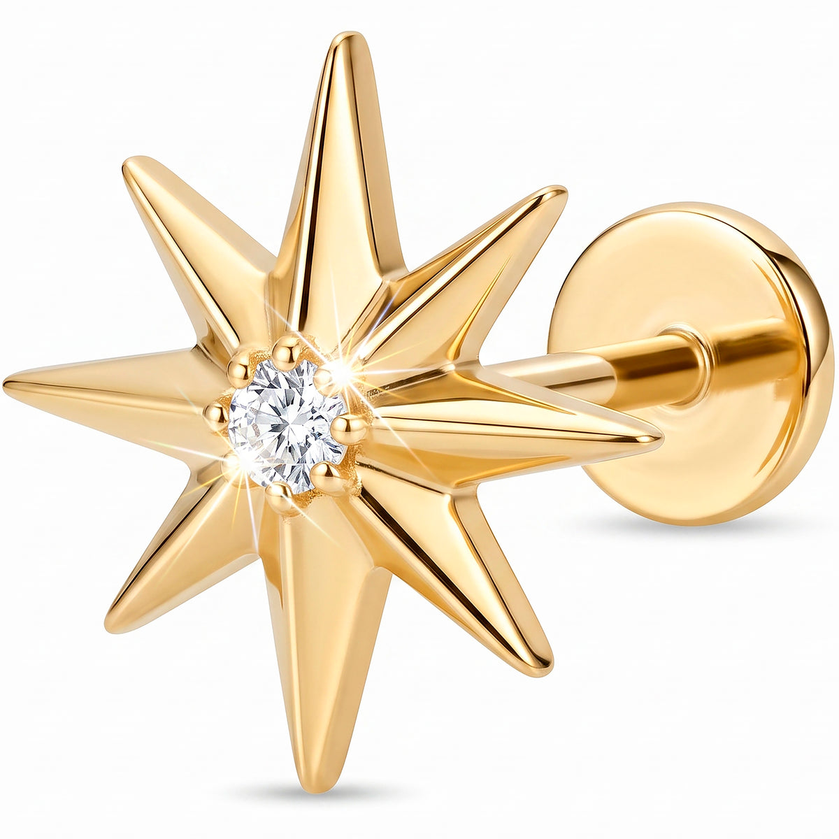 Solid 14k Yellow Gold North Star Compass CZ 18G Flat Back Earring