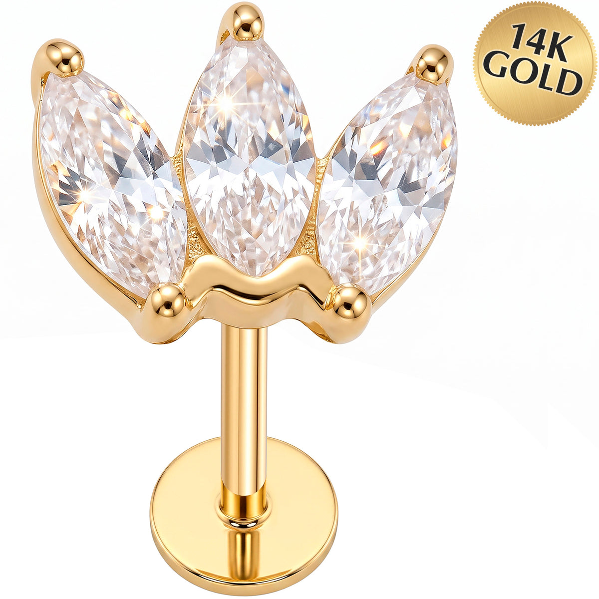 Solid 14k Yellow Gold Lotus Petal Crown CZ 18G Flat Back Earring